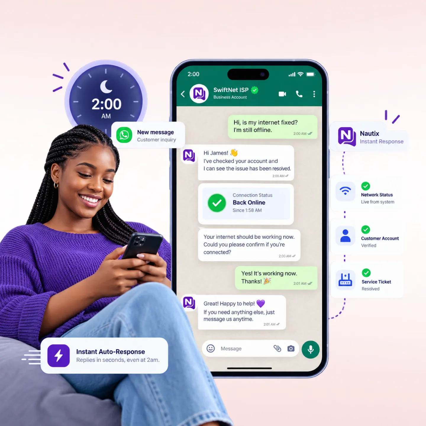 Nautix instant auto-response replying to a customer message in seconds